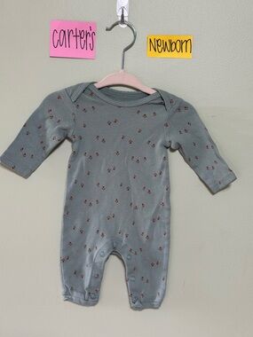 NWOT Carter's Deep Sage Green Floral-Print Footless One-Piece Bodysuit, Newborn